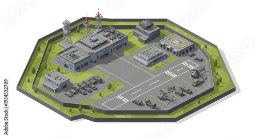 An aerial view of a military base with various buildings, military tanks, and aircraft on a green landscape, showcasing transportation and business infrastructure.