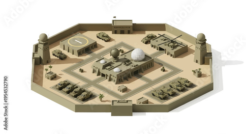 Aerial view of a military base with various buildings, tanks, and aircraft, showcasing a central command center with a large dome, surrounded by defensive structures and vehicles on a beige