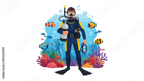 Underwater Explorer: A scuba diver, ready to plunge into the depths of the ocean, surrounded by a vibrant coral reef and exotic marine life. Discover the aquatic wonders