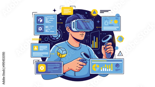Immersive Technology: An illustration of a person immersed in a virtual reality experience, surrounded by digital interface elements and holding controllers.