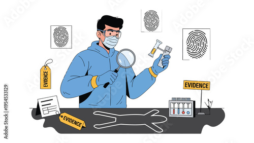 Forensic Investigation: A meticulous crime scene investigator, armed with a magnifying glass, meticulously examines crucial evidence and fingerprints to solve a case.