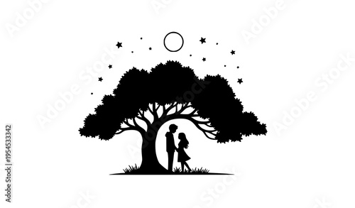 Boy and Girl Under Tree Moon and Stars Silhouette Vector Illustration