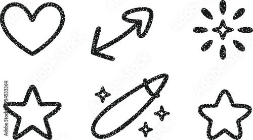 A set of hand drawn doodle icons featuring hearts, stars, and other shapes.