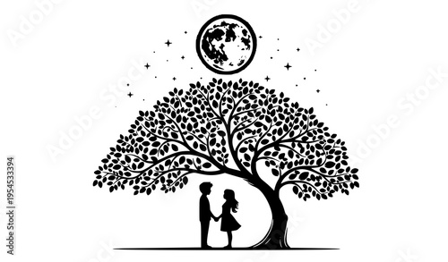 Romantic Boy and Girl Tree Moon Stars Silhouette Vector Illustration