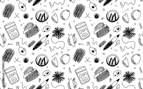 A black and white illustration of various doodles and scribbles on a white background
