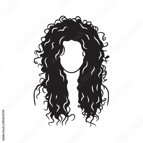Black and white silhouette of long voluminous curly hair on white background.
