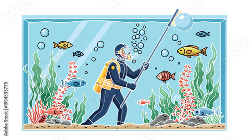 Aquatic Explorer: A diver investigates the underwater realm within the confines of a rectangular aquarium, meticulously examining aquatic life and ecosystem.