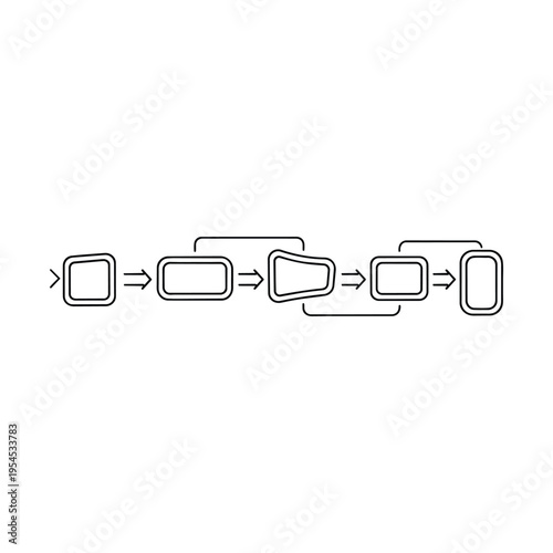 Simple black and white flowchart diagram illustrating a sequential process with five connected rectangular shapes and directional arrows.