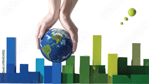 Hands holding a globe model above a colorful wooden block city skyline isolated on white background