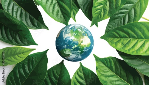 Earth globe surrounded by fresh green leaves isolated on white background