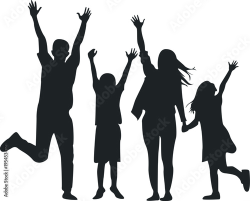 Silhouette of a rejoicing family, hands raised