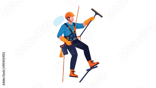 High-Rise Window Cleaner: A window cleaner, equipped with safety gear, demonstrates the meticulous task of cleaning high-rise windows, emphasizing the blend of skill and precision