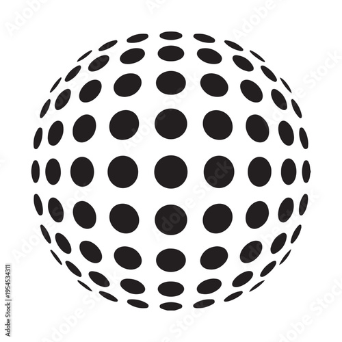 Black and white sphere features an orderly pattern of dots in graduated sizes.
