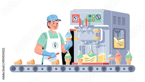 Ice Cream Manufacturing: An illustration of a worker meticulously crafting ice cream, surrounded by the automated precision of the production line. A display of tasty ice cream in a row.