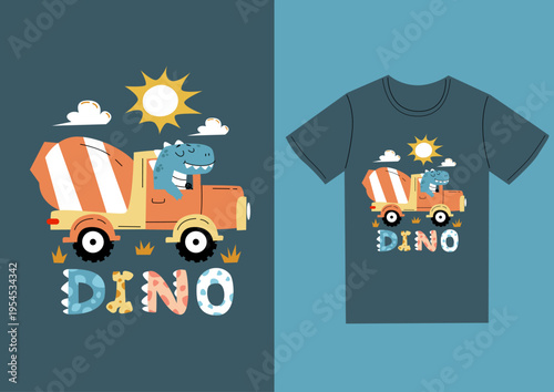 happy truck dinosaur t rex flat cartoon style vector design for kids apparel