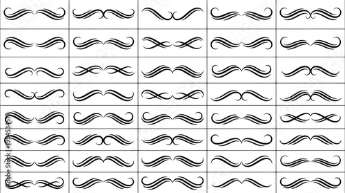 Set of 40 black mustache and swirl graphic elements in a grid on a white background Keywords: mustache, swirl, flourish, curl, decorative element, graphic element, design element, vintage, retro