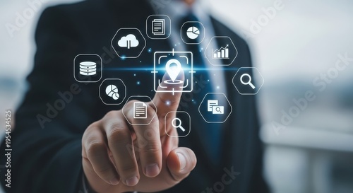 Businessman touching digital location pin on a holographic interface aspect ratio 16 9
