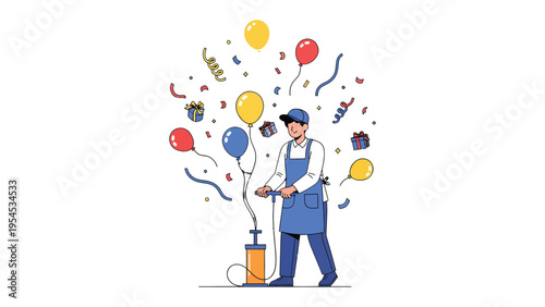 Balloon Artist at Work: A diligent artist meticulously inflates a vibrant balloon, surrounded by a festive display of colorful balloons and celebratory confetti, perfect for a cheerful event.