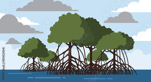 Illustrated mangrove trees with roots in water under a cloudy sky landscape