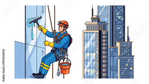 Sky High Service: An illustration depicting a window cleaner suspended against the backdrop of a modern cityscape, exemplifying the dedication and precision of urban maintenance. 