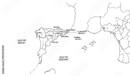 Minimal line art Bay of Biscay map with labeled coastal towns and beaches France Spain vector illustration