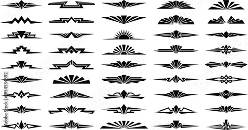 Set of 50 Abstract Geometric Sunburst and Art Deco Style Elements Keywords: abstract, geometric, sunburst, art deco, decorative, element, design, graphic, symmetrical, sharp, angular, modern