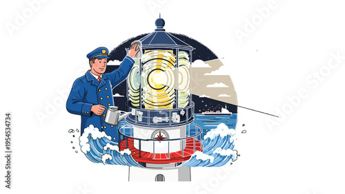 Beacon of Guidance: A lighthouse keeper diligently polishes the lens of a lighthouse, ensuring its radiant beams guide ships safely through the sea. This image evokes a sense of duty, vigilance.