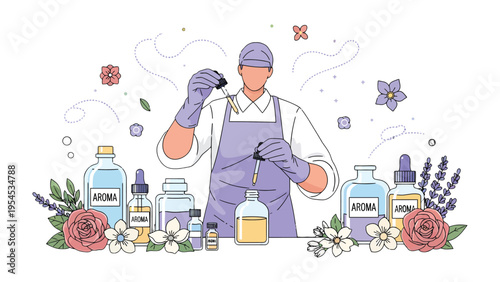 Artisan's Fragrant Elixir: An artisan carefully crafts a fragrant elixir by precisely measuring aromatic oils with a dropper, surrounded by bottles of various scents and floral elements