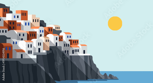 Coastal village illustration cliffside buildings under a sunny sky