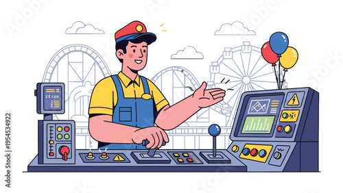 Theme Park Operator: An operator stands confidently at the control panel, his hand gesturing towards the exciting amusement park rides in the background, offering an invitation to the fun.