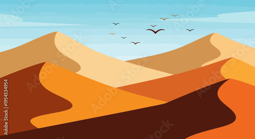 Desert landscape illustration sand dunes under blue sky with flying birds