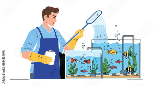 Aquarium Cleaning: A dedicated caretaker diligently cleans and maintains several vibrant aquariums, ensuring a healthy and thriving environment for the aquatic life within.