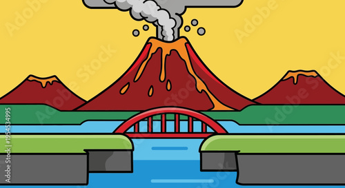 Cartoon volcano landscape with bridge and river against yellow sky