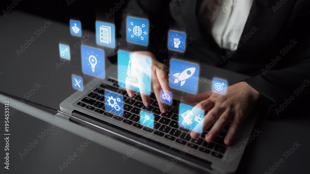 Fototapeta premium Innovation icons show creativity, teamwork, and project development. Innovation helps organizations design solutions, build strategy, and grow with new business opportunities. Funnel