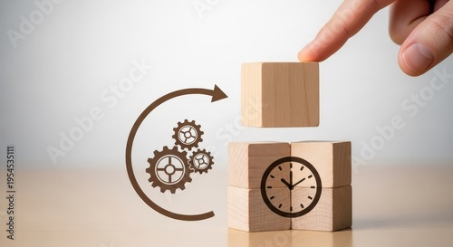 Hand placing a wooden block on a stack with clock and gear aspect ratio 16 9
