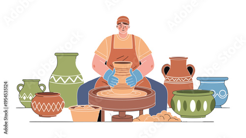 Artisan Crafts Pottery: A skilled artisan, engrossed in their craft, molds clay on a spinning pottery wheel, surrounded by an array of finished pottery pieces.
