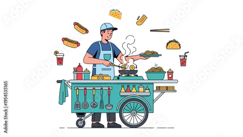 Culinary Creation Station: A vibrant illustration showcasing a street food vendor expertly preparing a culinary masterpiece, surrounded by tantalizing treats.