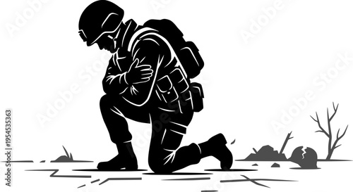 silhouette of a soldier kneeling in a devastated battlefield, showing grief or mourning. Concept of war loss, veteran PTSD, and the human cost of conflict. Vector illustration.