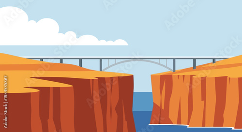 Illustrated bridge spanning canyons against a blue sky graphic design concept