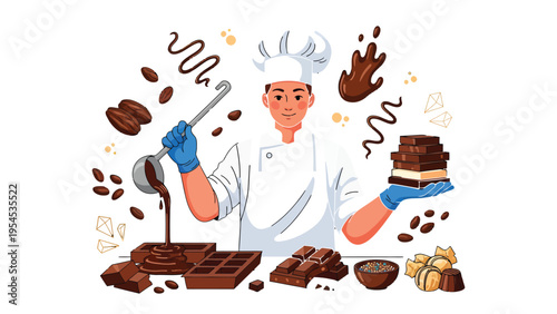 Master Chocolatier: A skilled chocolatier in a chef's hat and gloves meticulously crafts exquisite chocolate creations, surrounded by the rich aroma of cocoa beans and molten chocolate