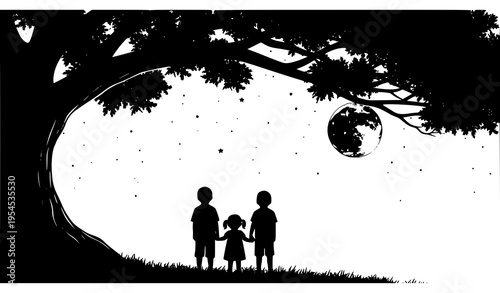 Minimalist Children Under Tree Moonlight Silhouette Vector Art