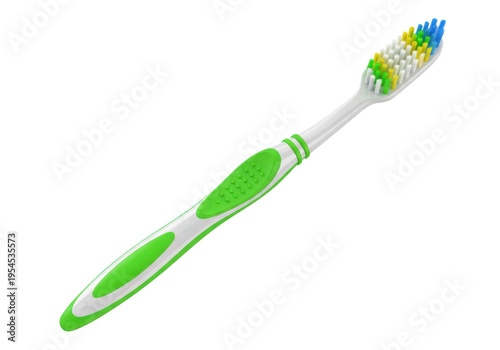 Modern ergonomic toothbrush with white handle and neon green grips, multi-level colorful bristles floating on a white background, concept of clinical dental hygiene
