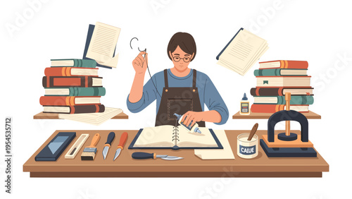 Craft of Creation: A skilled craftsperson meticulously repairs an open book, amidst a collection of literary treasures. Immersed in the artistry of the bookbinding process.