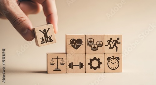 Hand placing wooden block with human on stack aspect ratio 16 9 life balance concept 1