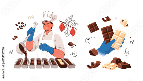 The Art of Chocolate Making: Witness the careful craft of a chocolatier as they create delectable treats, pouring and arranging chocolate with precision and care, accompanied by cocoa beans.