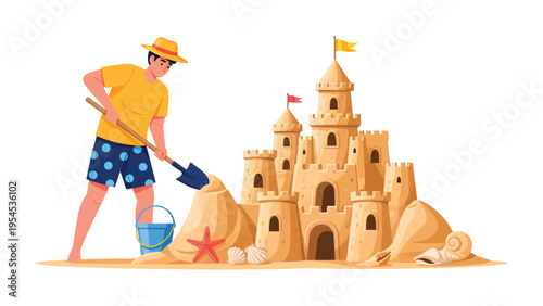Coastal Castle Creation: A sun-kissed individual meticulously sculpts a sandcastle, complete with turrets and flags, on a sandy shore, encapsulating the essence of a carefree vacation.