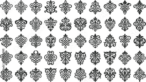 Set of Black Ornamental Damask Motifs on White Background 202603191909