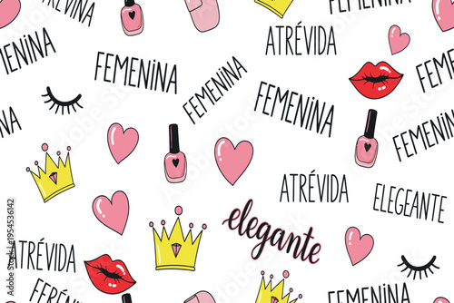 Stylish seamless vector pattern showcasing feminine beauty elements and empowering Spanish words for modern fashion, textile, and wallpaper designs