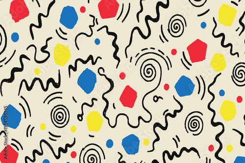 Vibrant Abstract Memphis-Style Pattern with Organic Shapes and Wavy Lines, Modern Retro Design Element for Creative Projects