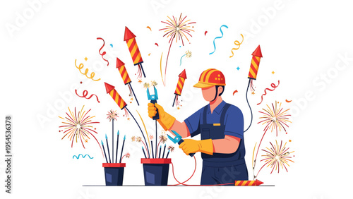 Fireworks Celebrator: A determined individual, adorned in a protective helmet and gloves, expertly ignites an array of vibrant fireworks against the backdrop of a festive sky.